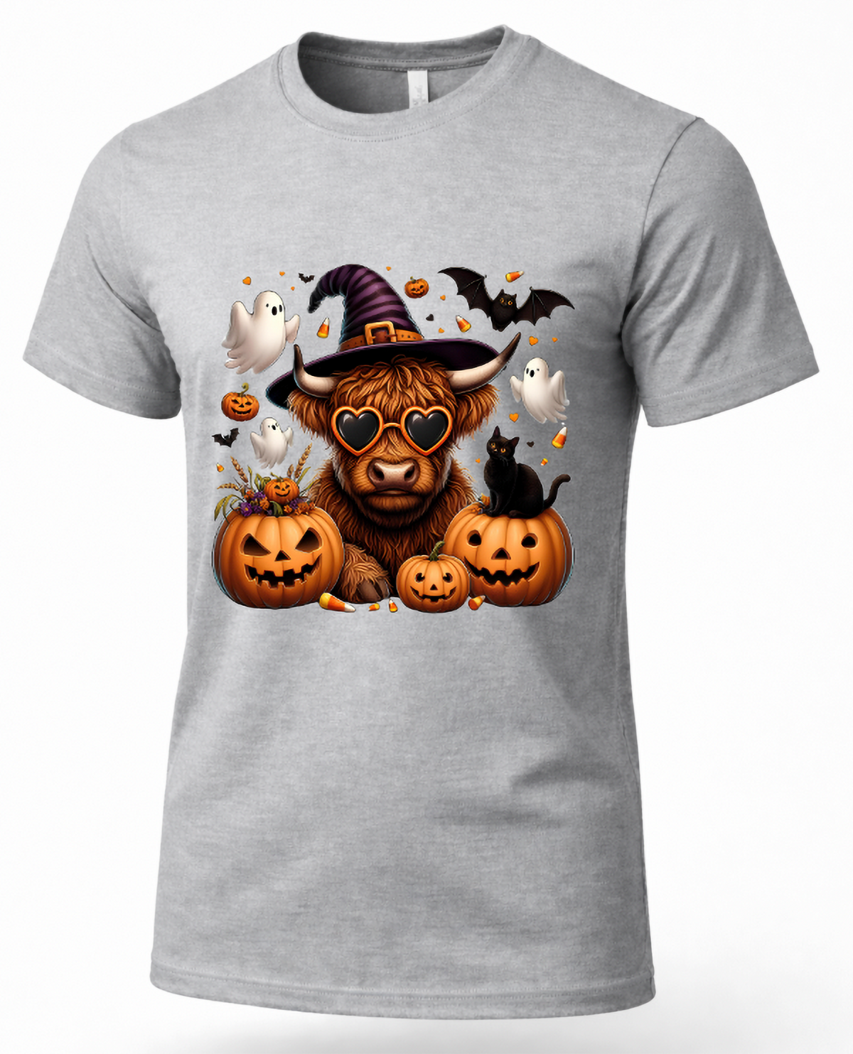 Heather gray Highland cow Halloween shirt featuring witch hat, pumpkins, ghosts, bats, candy corn and black cat
