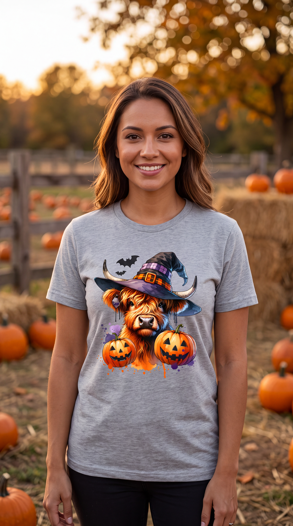 Female model wearing white Halloween cow shirt featuring Highland cow, witch hat and pumpkins