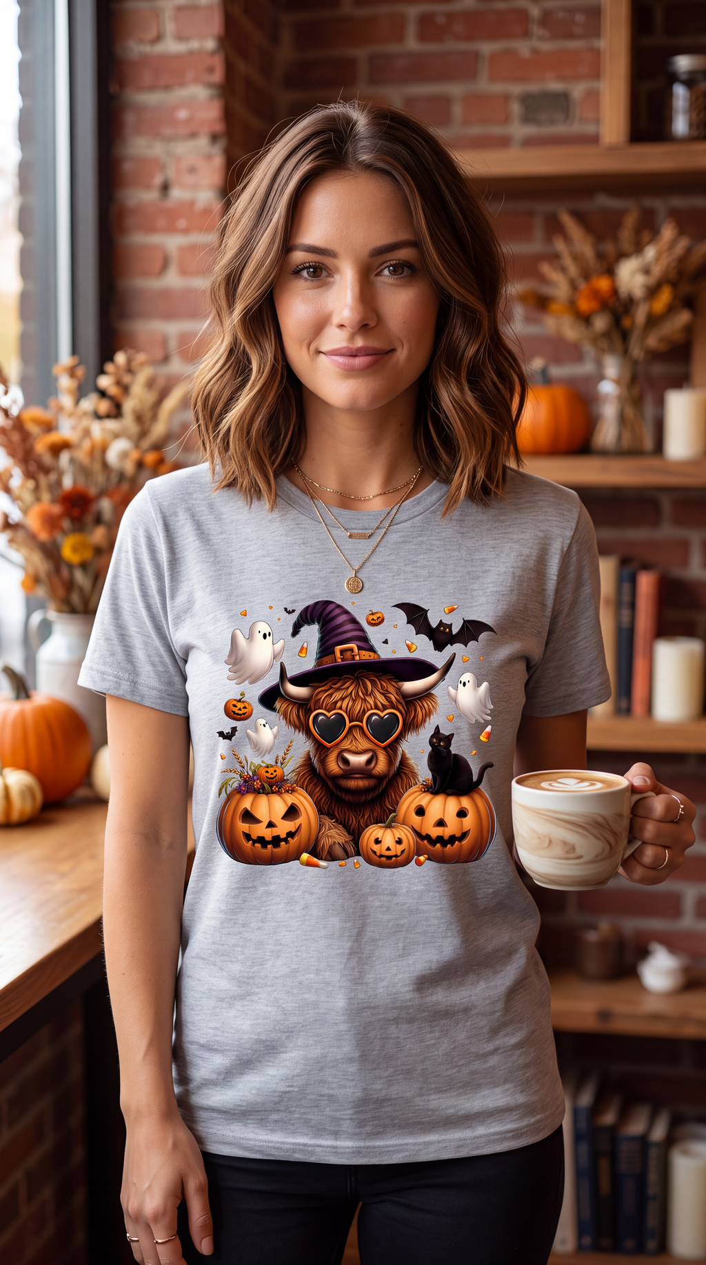 Female model wearing heather gray Highland cow Halloween shirt with cute spooky Halloween graphic