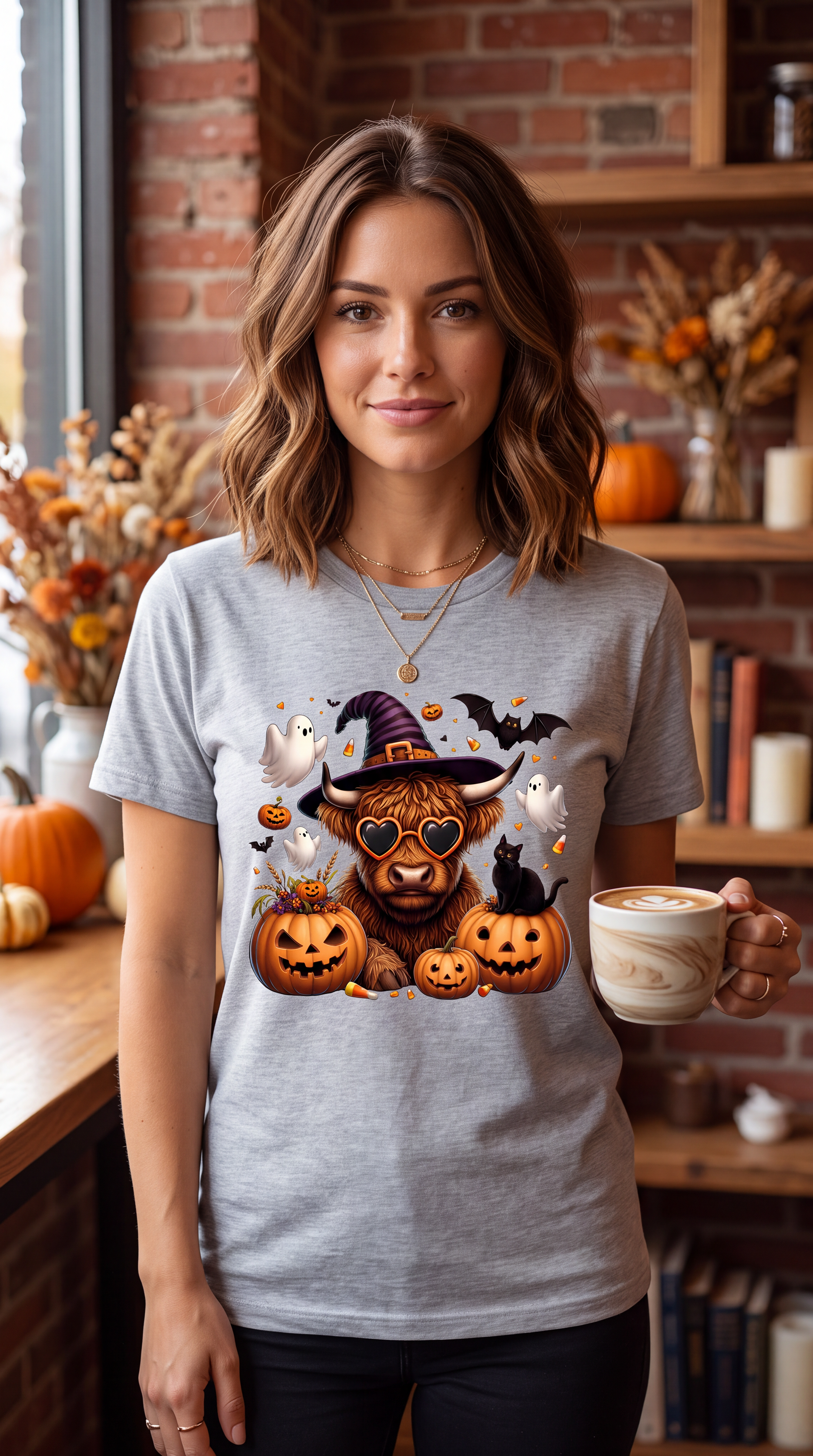 Female model wearing heather gray Highland cow Halloween shirt with cute spooky Halloween graphic