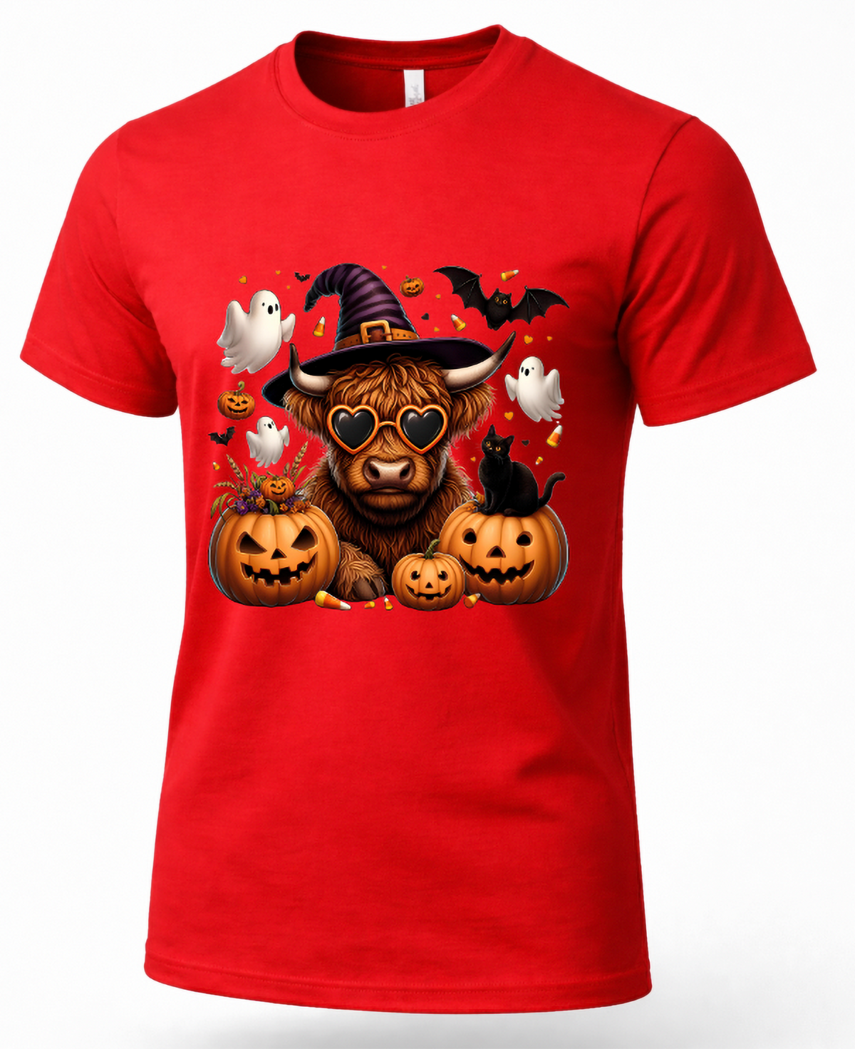 Red Highland cow Halloween shirt featuring witch hat cow, heart sunglasses, jack-o-lanterns, ghosts and black cat
