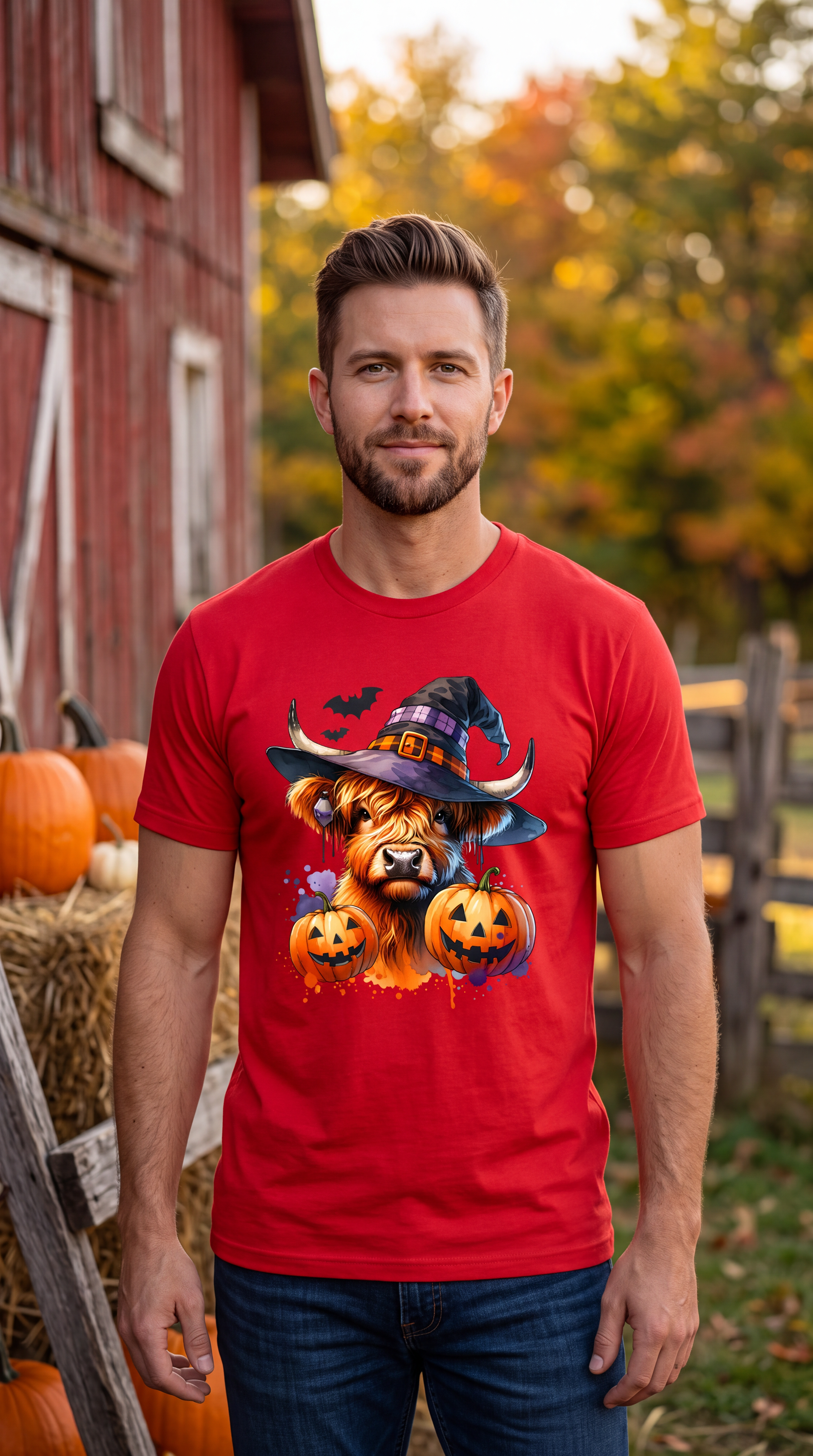 Male model wearing red Highland cow Halloween shirt with witch hat and jack-o'-lantern design
