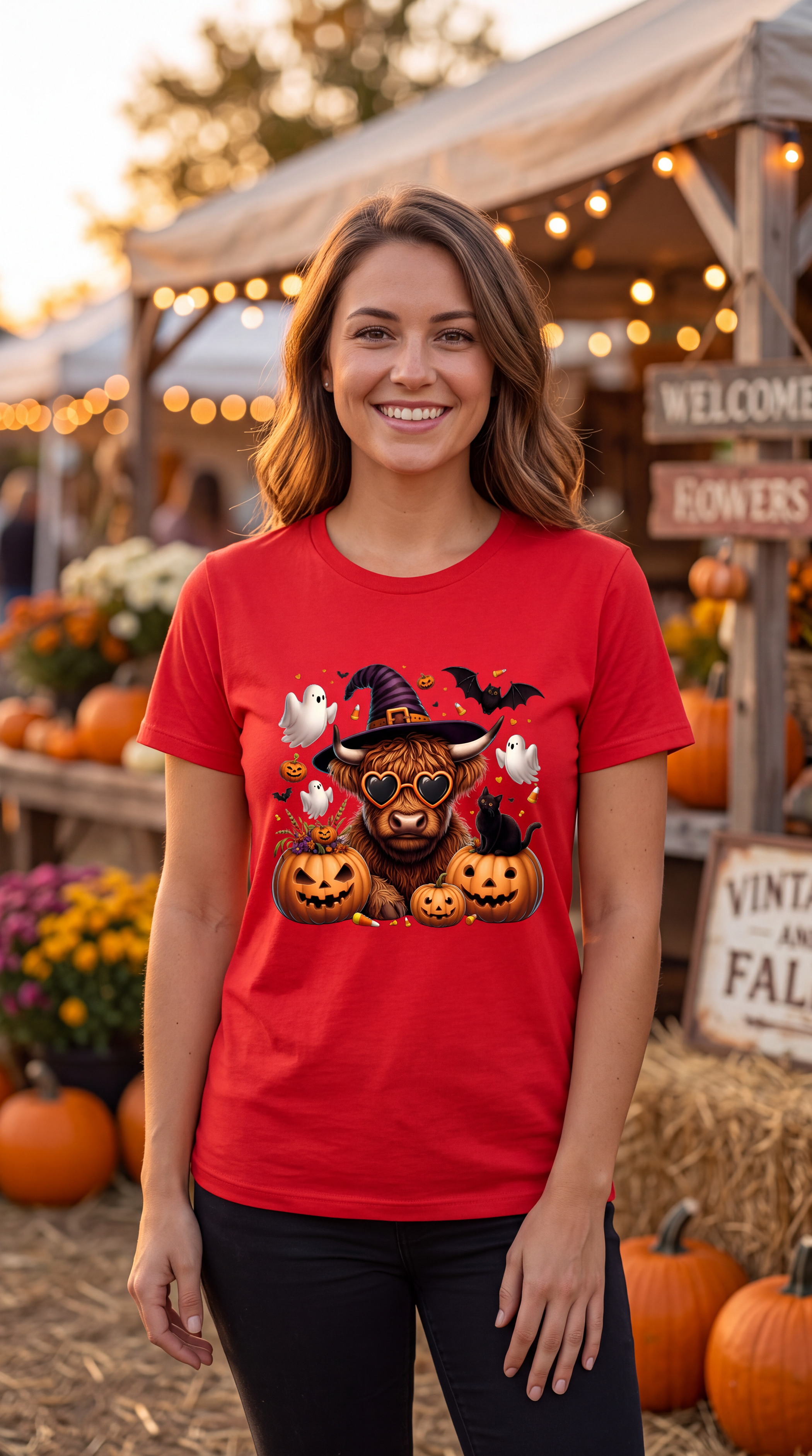 Female model wearing red Highland cow Halloween shirt with pumpkins, ghosts, bats and black cat graphic