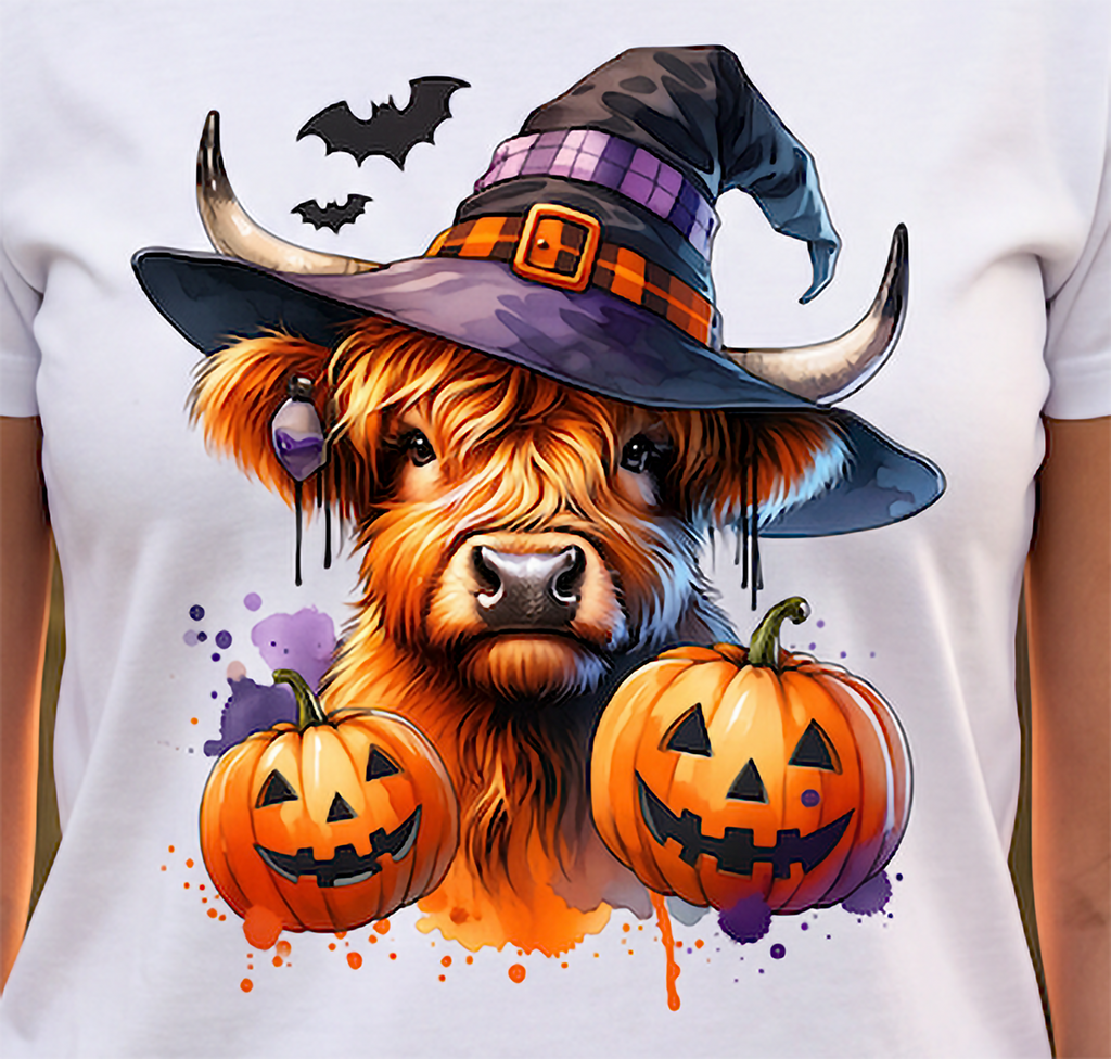 Close-up of Highland cow Halloween design with witch hat, pumpkins, bats and orange purple accents