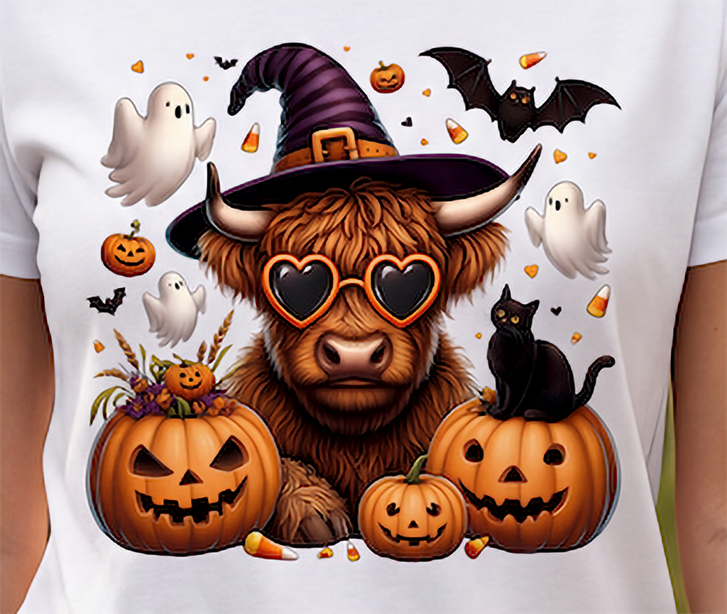 Close-up of Highland cow Halloween design with witch hat, heart sunglasses, pumpkins, ghosts and black cat