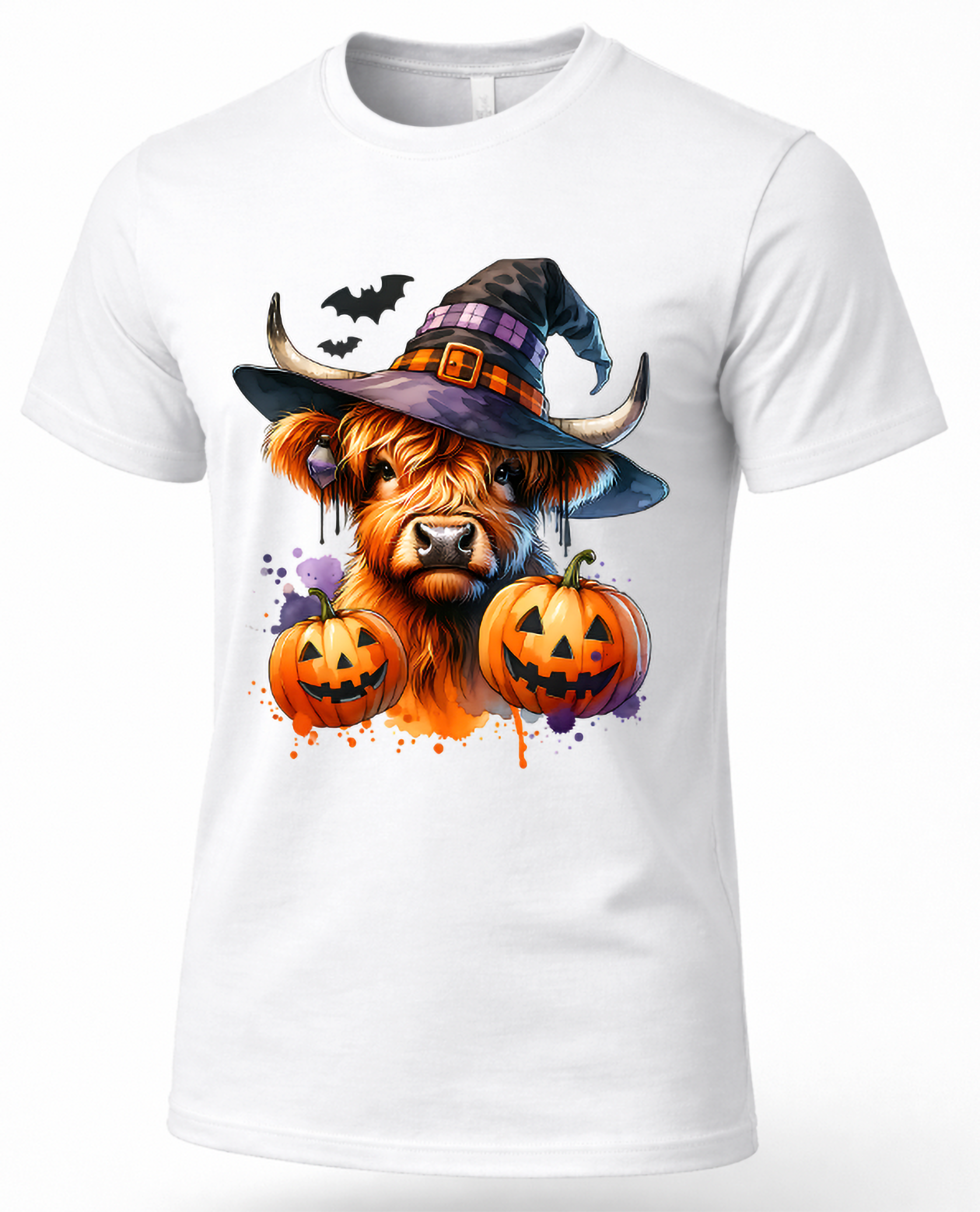 White Highland cow Halloween graphic tee featuring witch hat, jack-o'-lantern pumpkins and bats