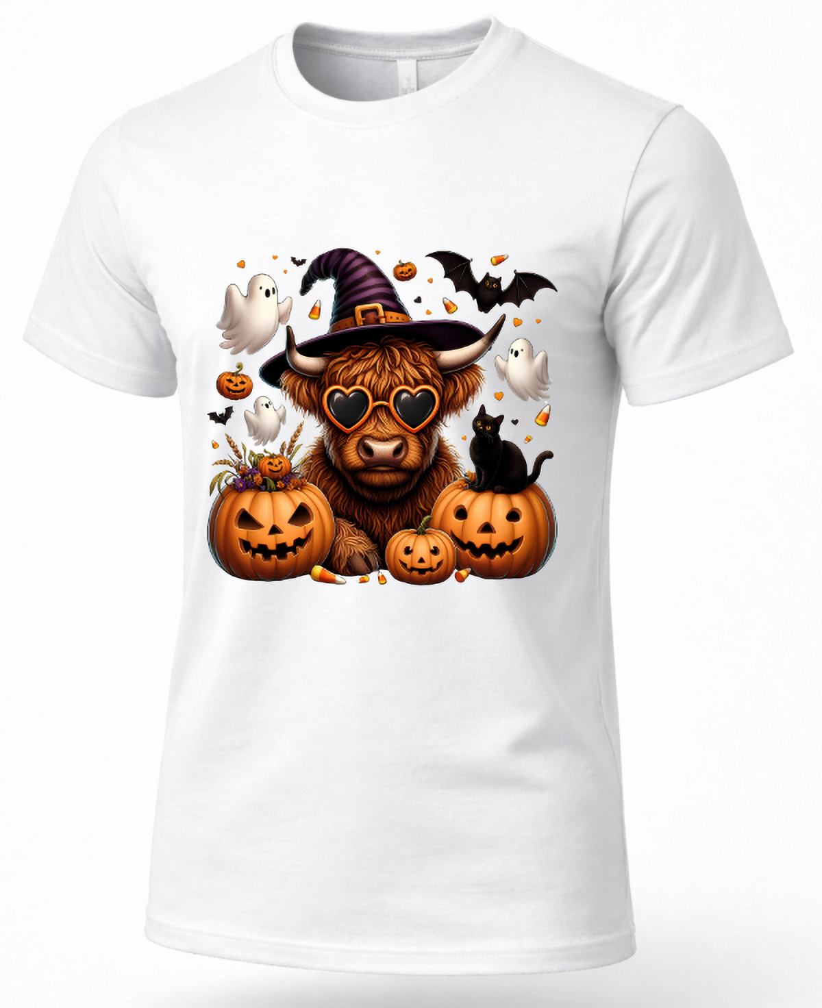 White Highland cow Halloween shirt featuring witch hat cow, jack-o-lanterns, ghosts, bats and black cat