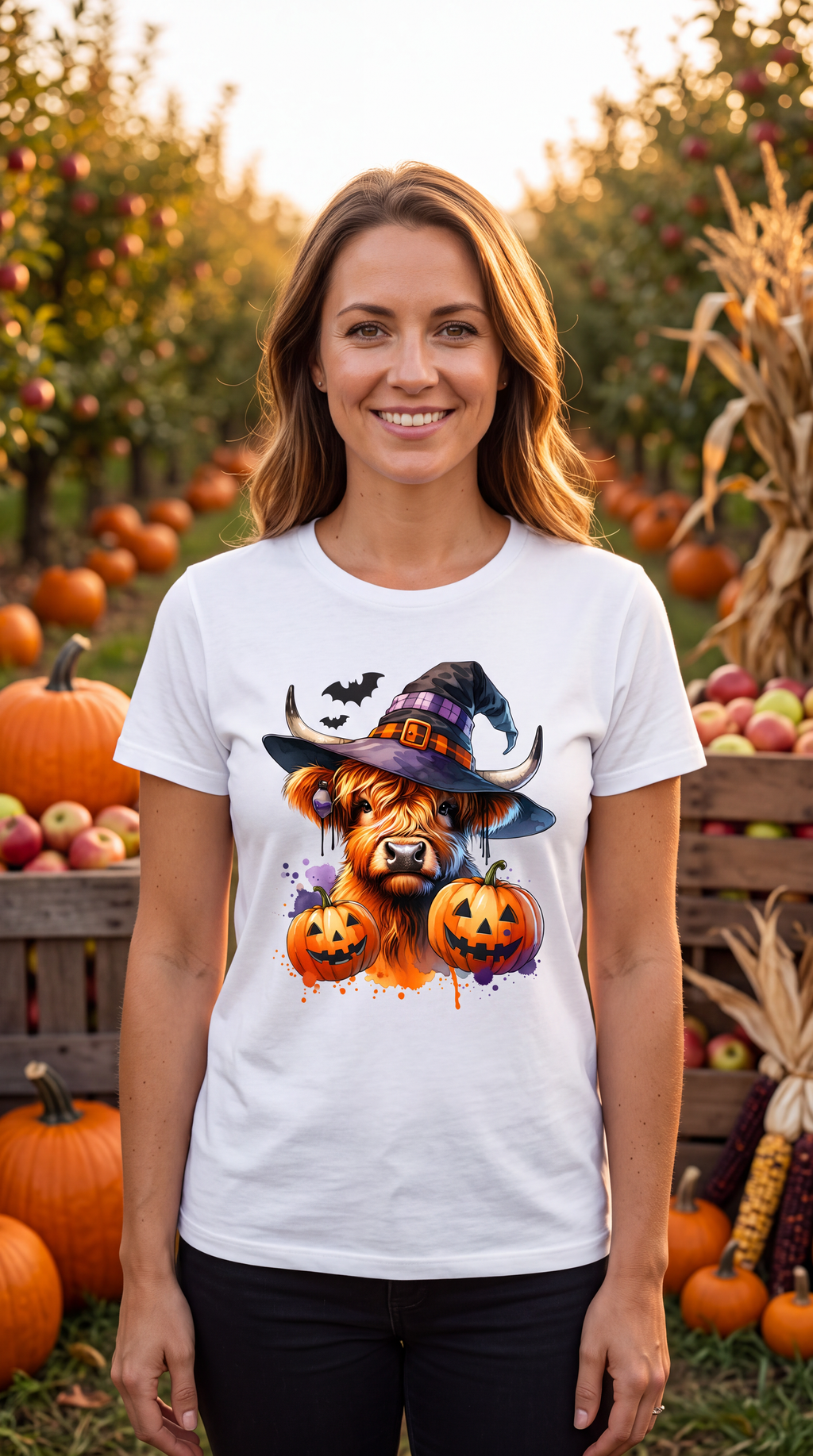Female model wearing white Highland cow Halloween shirt with witch hat, pumpkins and bats
