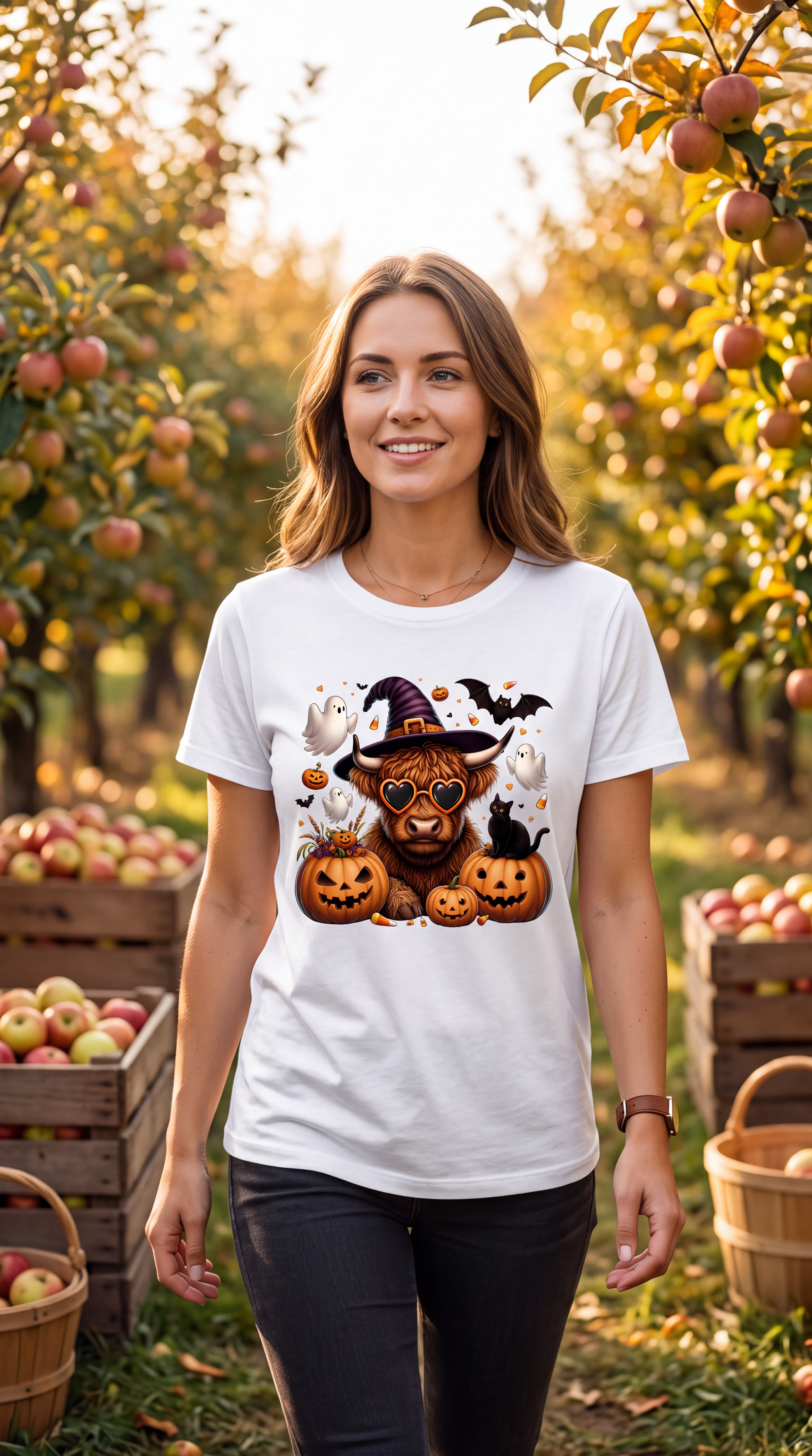 Female model wearing white Highland cow Halloween shirt with cute spooky cow and pumpkin graphic