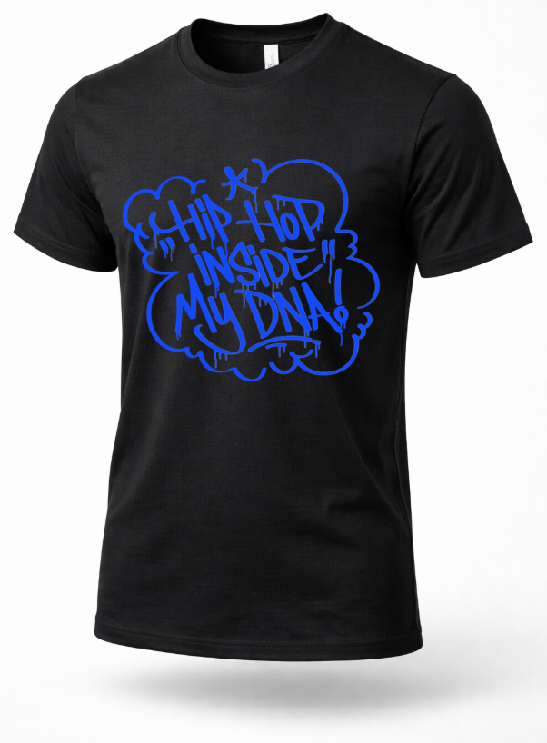 Black hip hop graphic t-shirt with blue graffiti text reading “Hip-Hop Inside My DNA”