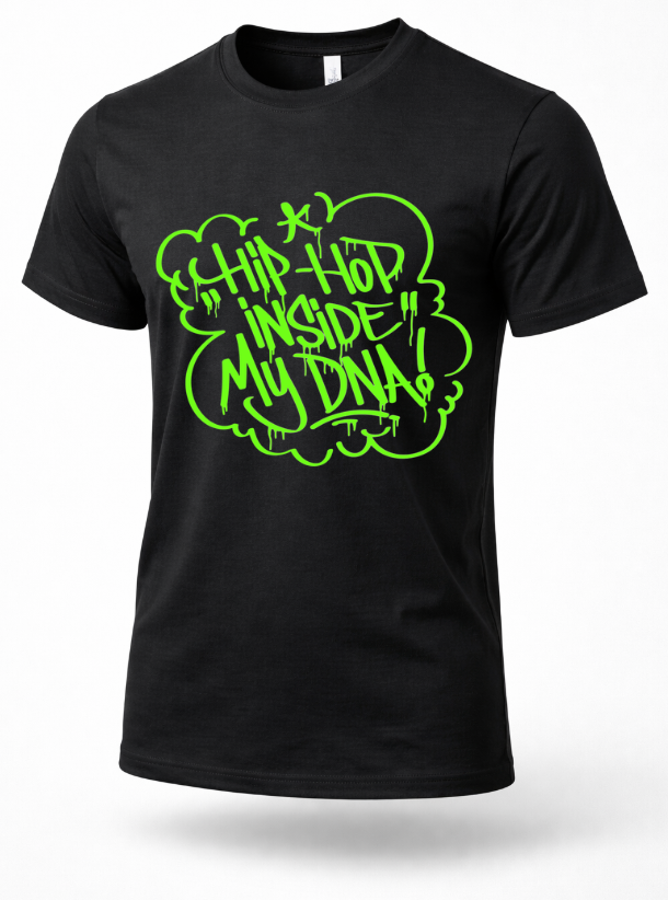 Black hip hop graphic t-shirt with green graffiti text reading “Hip-Hop Inside My DNA”