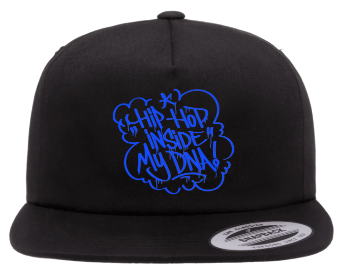 Black Hip Hop Snapback Hat with blue “Hip Hop Inside My DNA” graffiti design, flat brim streetwear cap for urban fashion