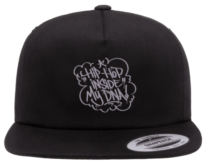 Black Hip Hop Snapback Hat with white “Hip Hop Inside My DNA” graffiti design, flat brim streetwear cap for urban fashion