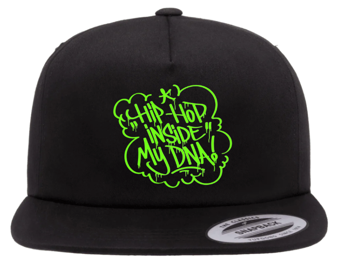 Black Hip Hop Snapback Hat with green “Hip Hop Inside My DNA” graffiti design, flat brim streetwear cap for urban fashion