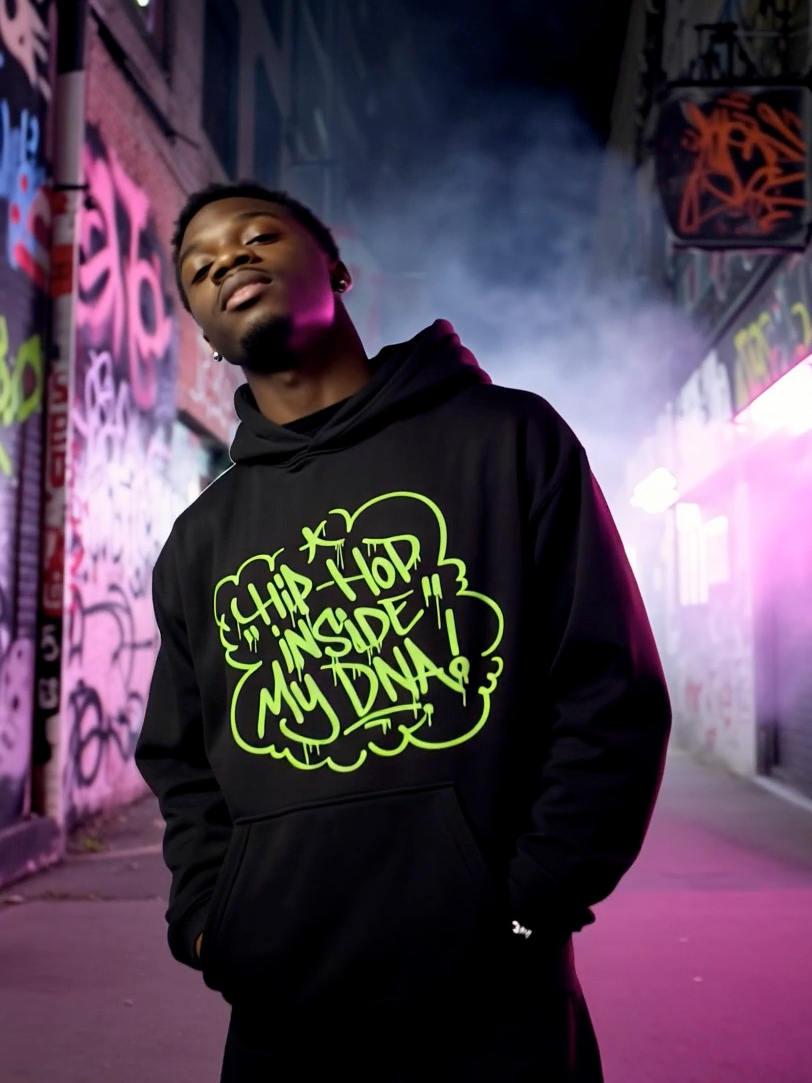 Man wearing black streetwear hoodie with “Hip Hop In My DNA” graffiti graphic in urban alley at night