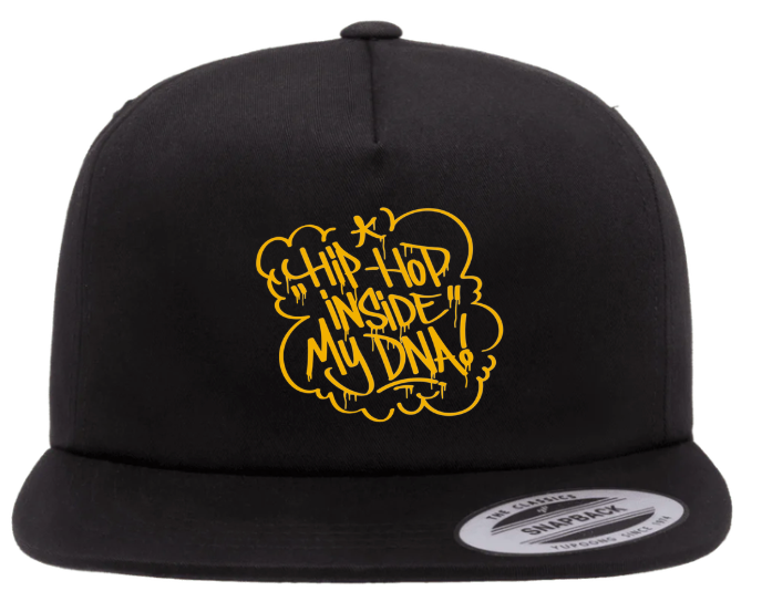 Black Hip Hop Snapback Hat with gold “Hip Hop Inside My DNA” graffiti design, flat brim streetwear cap for urban fashion