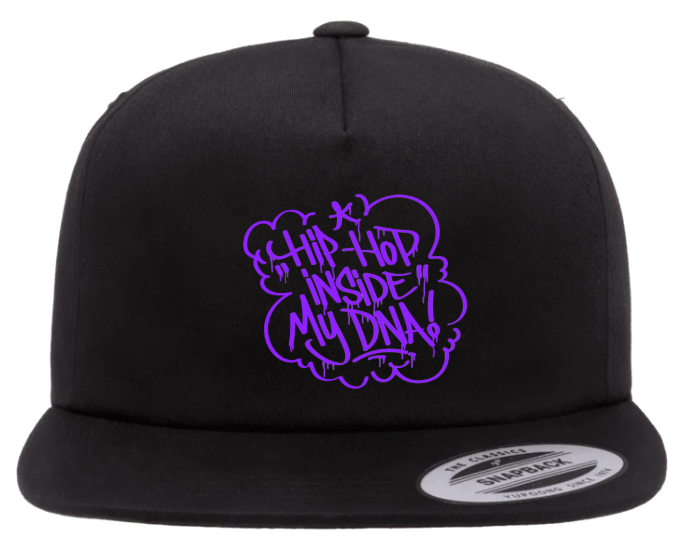 Black Hip Hop Snapback Hat with purple “Hip Hop Inside My DNA” graffiti design, flat brim streetwear cap for urban fashion