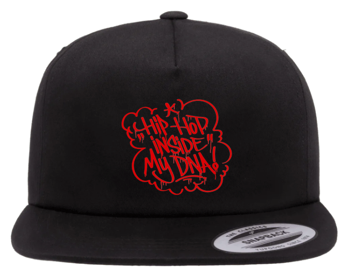 Black Hip Hop Snapback Hat with red “Hip Hop Inside My DNA” graffiti design, flat brim streetwear cap for urban fashion