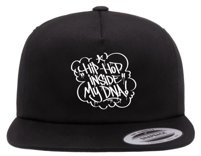 Black Hip Hop Snapback Hat with “Hip Hop Inside My DNA” graffiti design, flat brim streetwear cap for urban fashion
