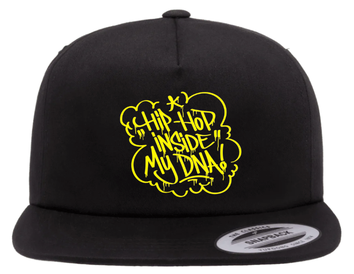 Black Hip Hop Snapback Hat with yellow “Hip Hop Inside My DNA” graffiti design, flat brim streetwear cap for urban fashion