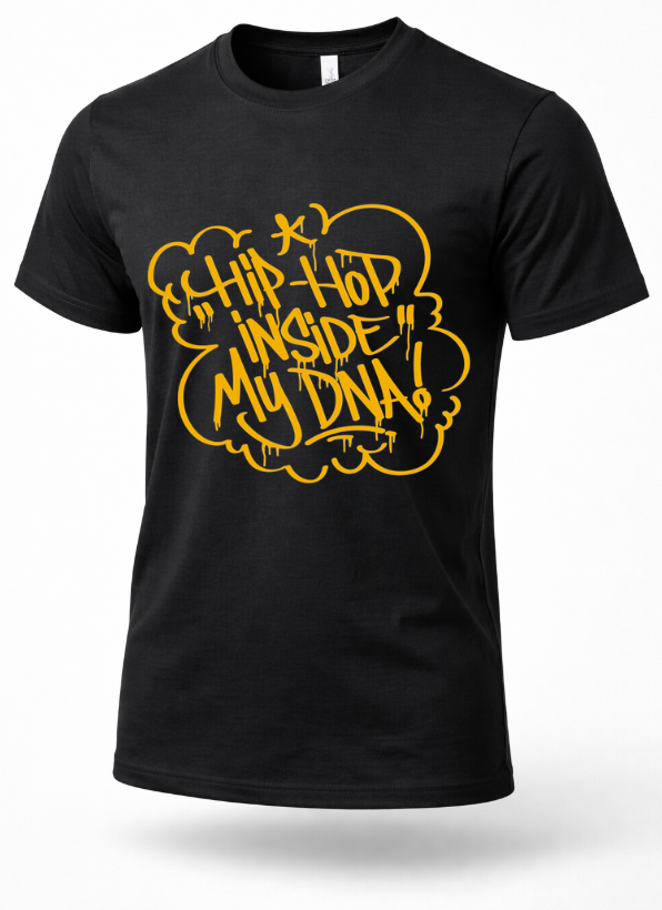 Black hip hop graphic t-shirt with yellow graffiti text reading “Hip-Hop Inside My DNA”