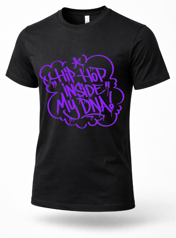 Black hip hop graphic t-shirt with purple graffiti text reading “Hip-Hop Inside My DNA”