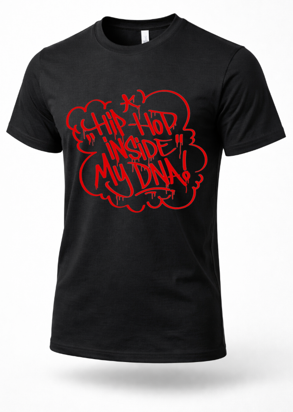 Black hip hop graphic t-shirt with red graffiti text reading “Hip-Hop Inside My DNA”