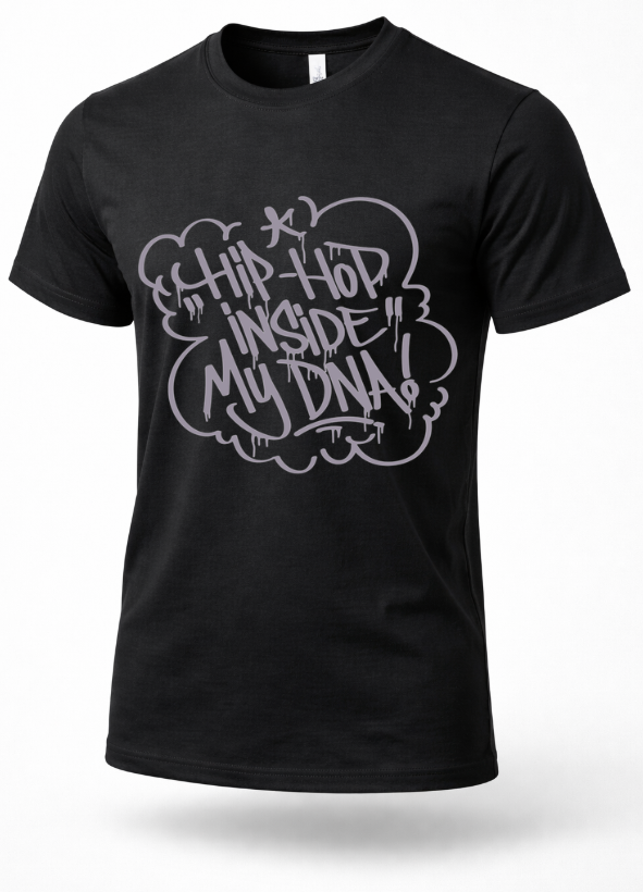 Black hip hop graphic t-shirt with gray graffiti text reading “Hip-Hop Inside My DNA”