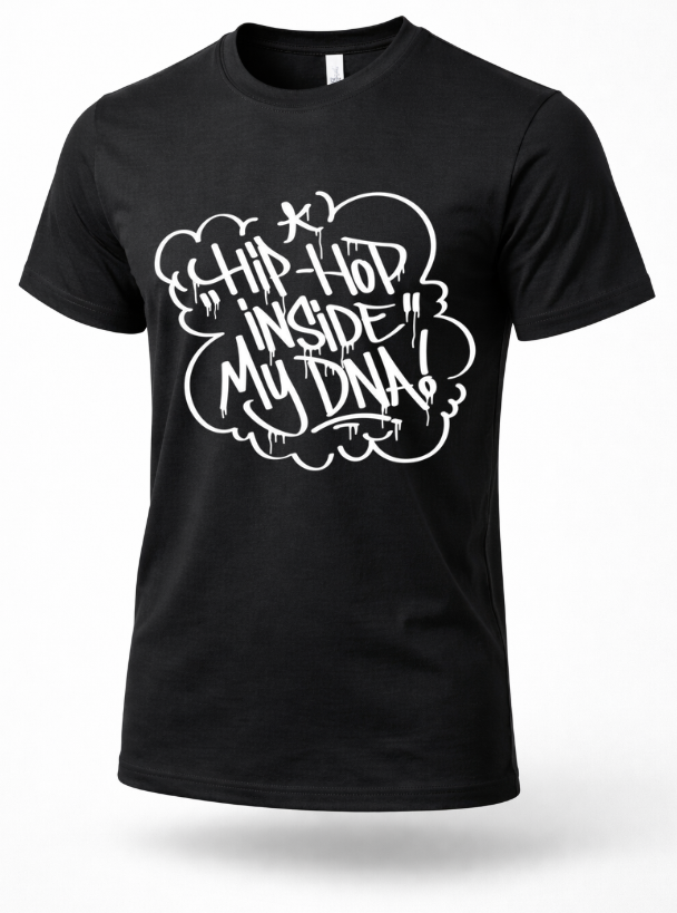 Black hip hop graphic t-shirt with white graffiti text reading “Hip-Hop Inside My DNA”