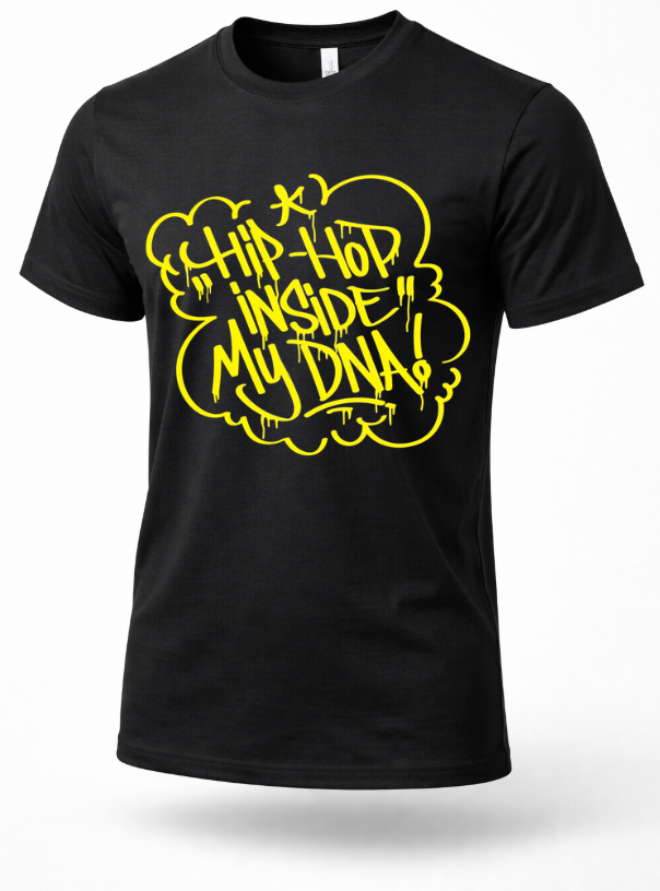Black hip hop graphic t-shirt with yellow graffiti text reading “Hip-Hop Inside My DNA”