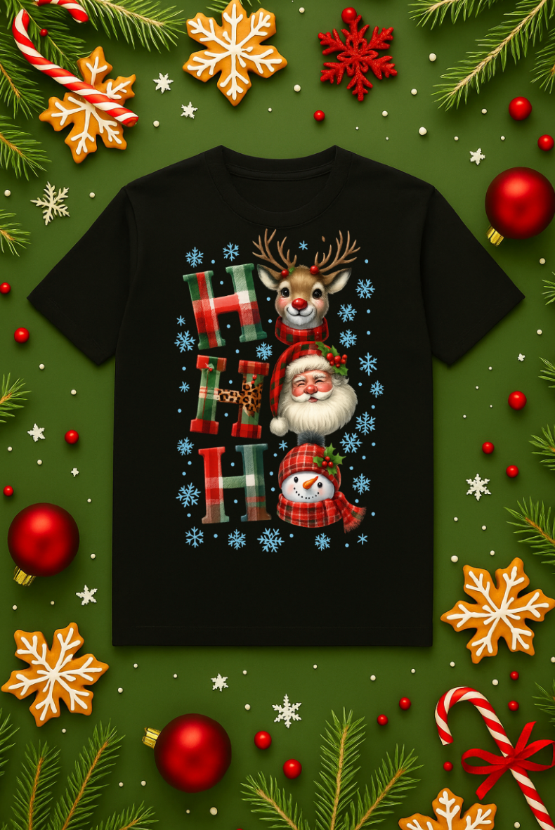 Black Christmas t-shirt featuring a Ho Ho Ho holiday design with Santa Claus, reindeer, and snowman graphic on a festive green background with ornaments and snowflakes.