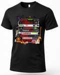 A black short-sleeve crewneck t-shirt featuring a colorful graphic print of stacked VHS tapes and Halloween-themed illustrations on a white background.