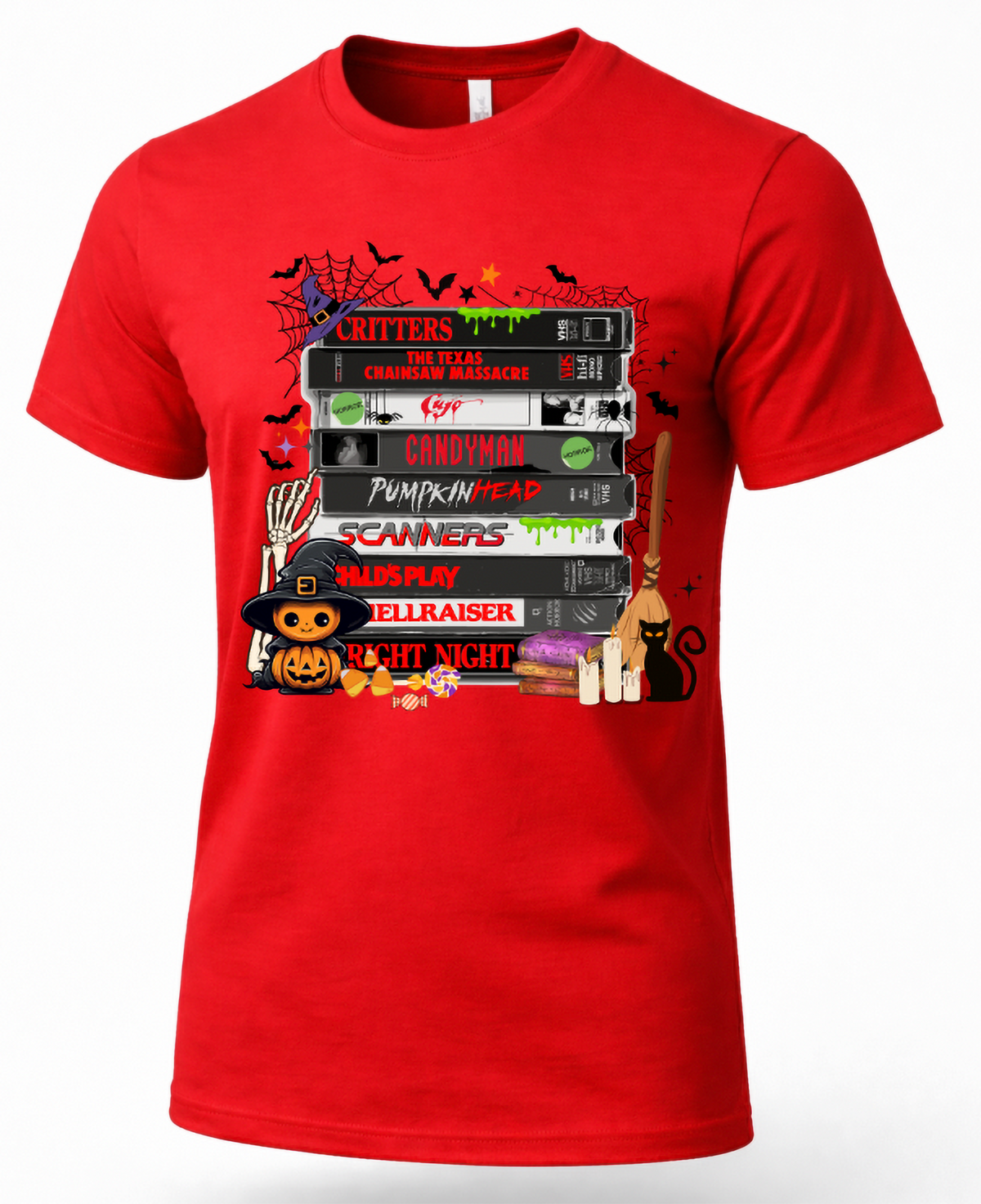 Red retro horror movie VHS T-shirt with stacked scary movie tapes, Halloween bats, spiderwebs, pumpkin, candy and black cat design.