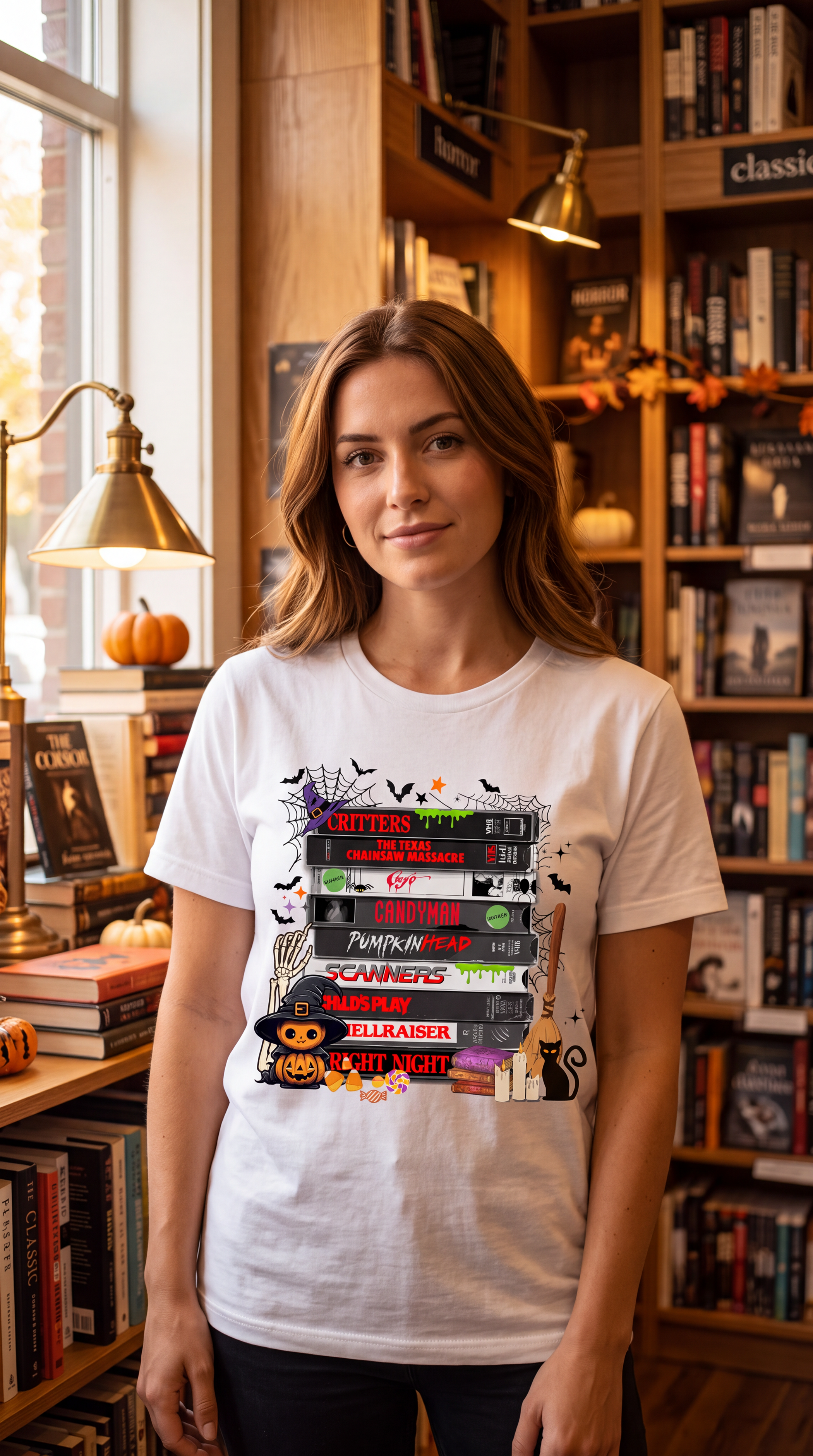 Woman wearing a white horror movie VHS T-shirt with stacked retro scary movie tapes and colorful Halloween graphics.