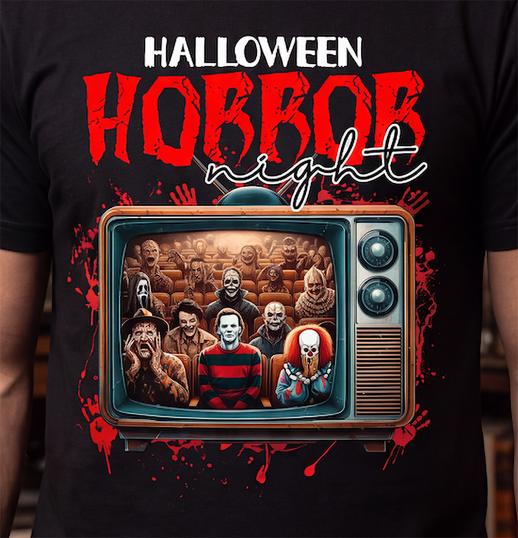 Close-up of Halloween horror graphic with retro television, scary movie character lineup and distressed red splatter design