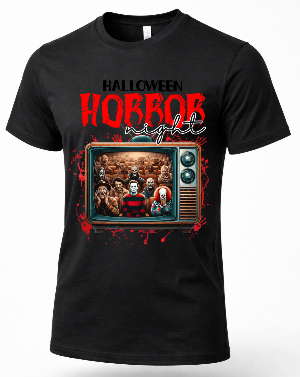 Black horror movie Halloween graphic T-shirt featuring vintage television, slasher-inspired figures and red splatter artwork