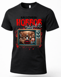 Black horror movie Halloween graphic T-shirt featuring vintage television, slasher-inspired figures and red splatter artwork