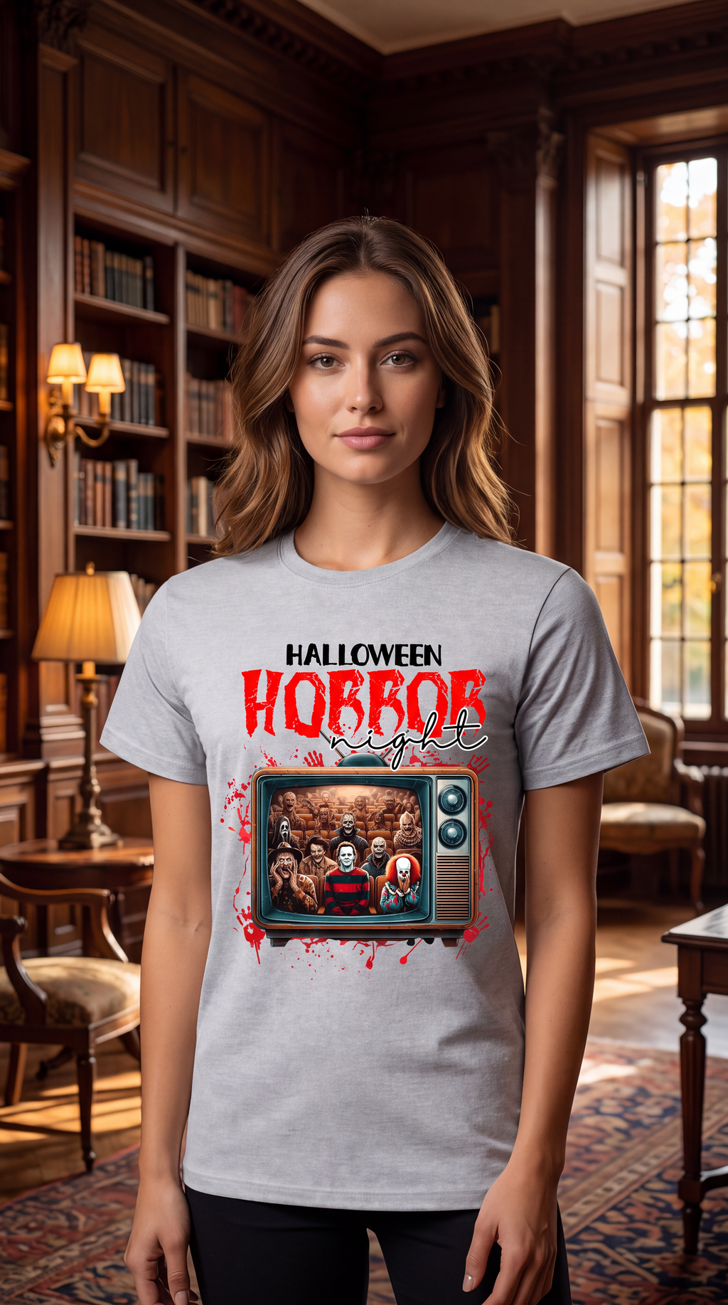 Woman wearing Heather Gray horror movie Halloween shirt with vintage TV and slasher-inspired graphic