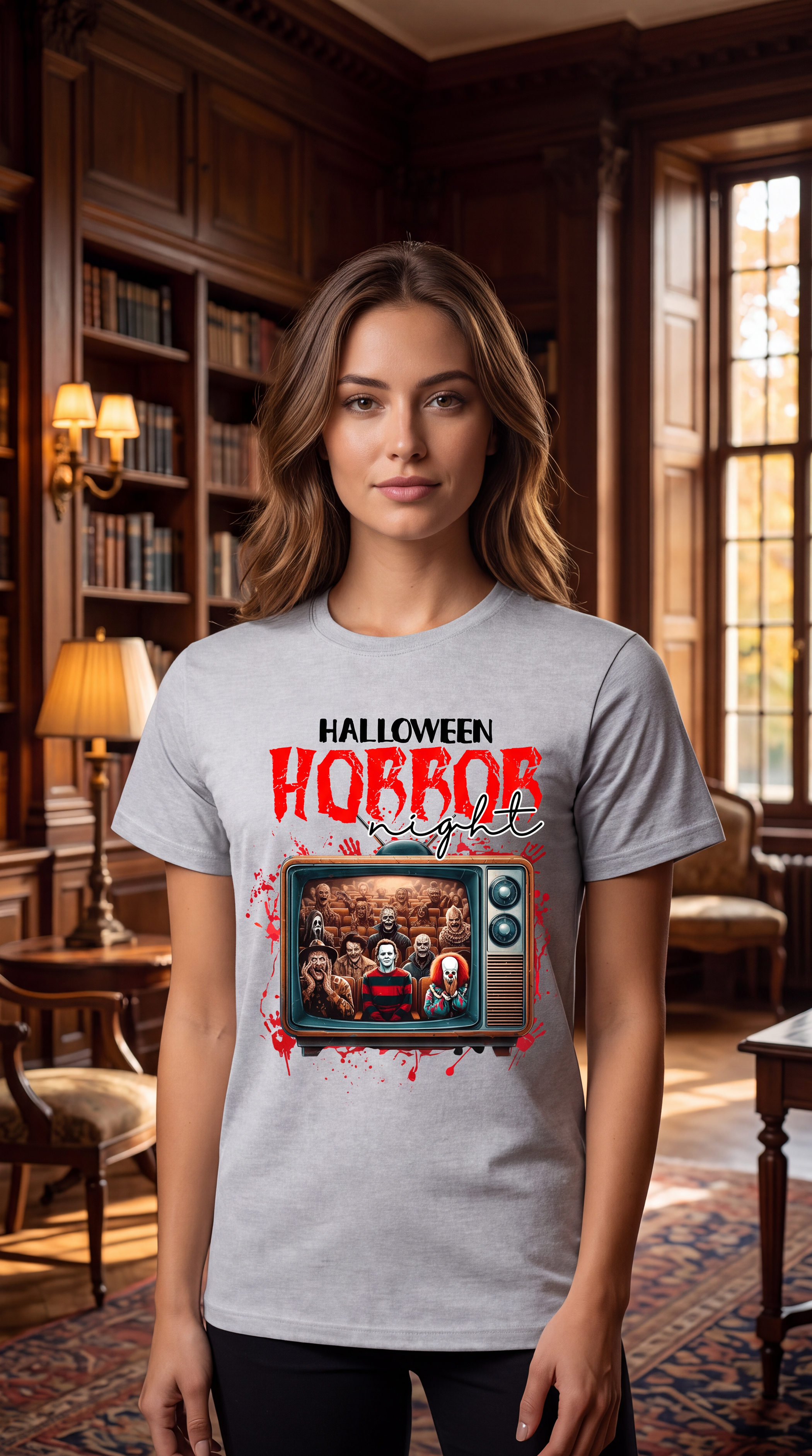 Woman wearing Heather Gray horror movie Halloween shirt with vintage TV and slasher-inspired graphic
