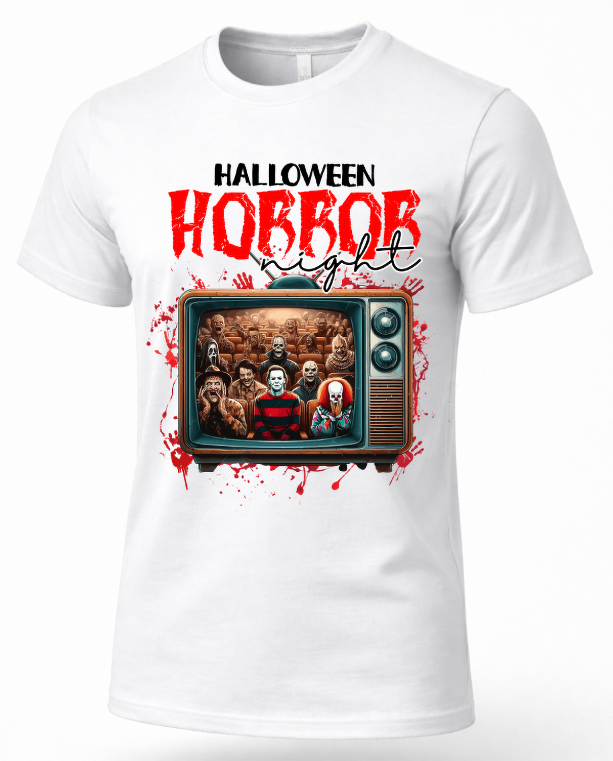 White horror movie Halloween graphic T-shirt featuring vintage television, horror figures and red splatter artwork