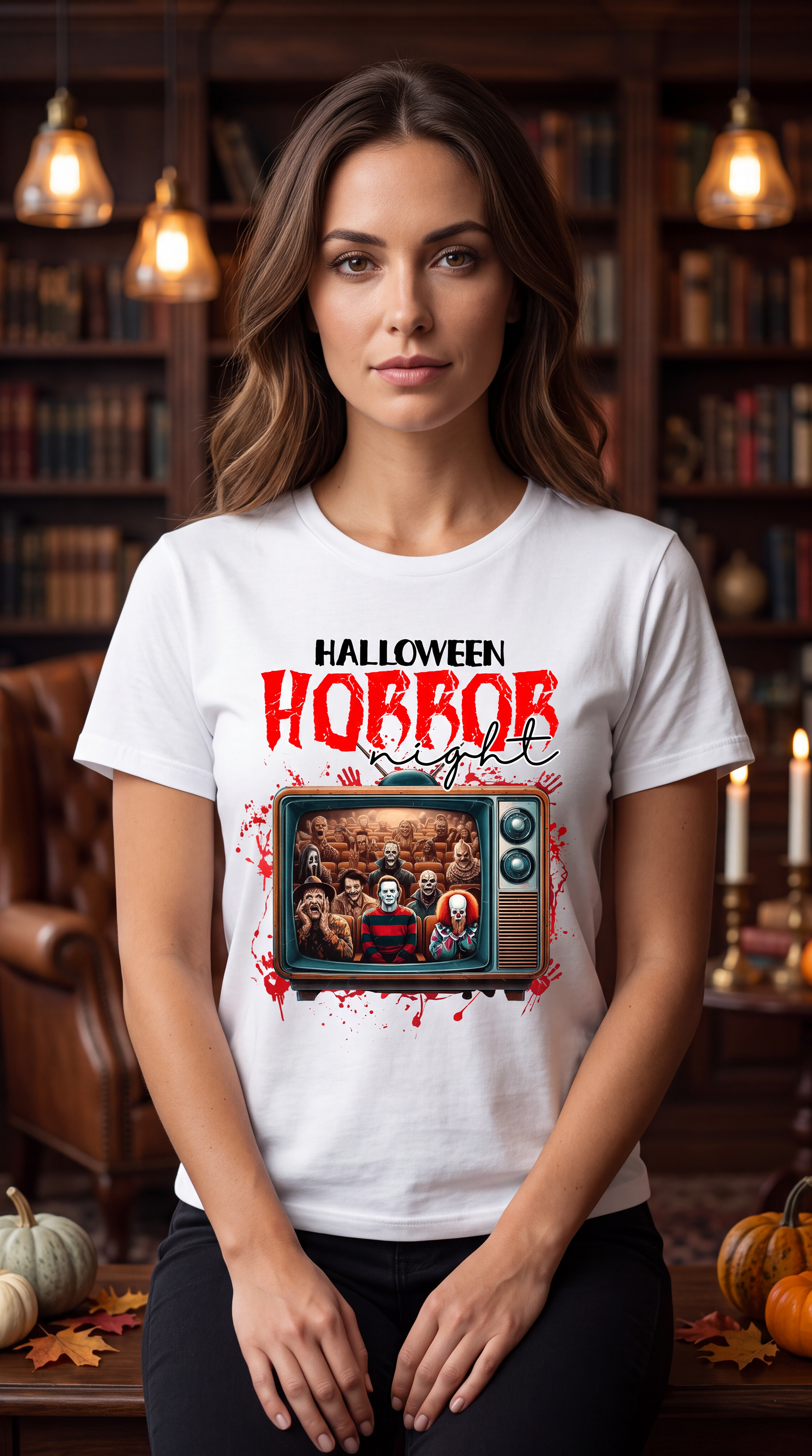 Woman wearing White horror movie Halloween shirt with vintage TV and slasher-inspired graphic
