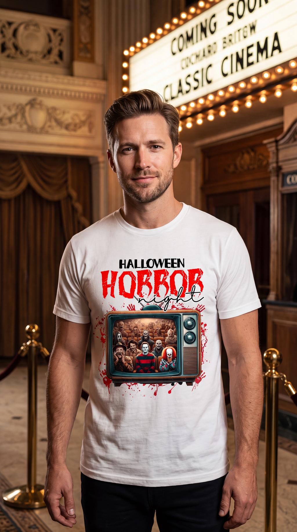 Man wearing white horror movie Halloween shirt with retro TV and slasher-inspired graphic in a Halloween setting