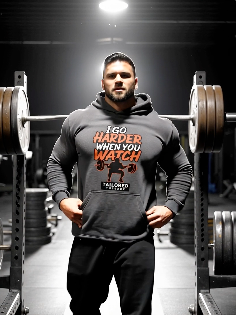 Man wearing gym hoodie with “I Go Harder When You Watch” graphic lifting weights in gym