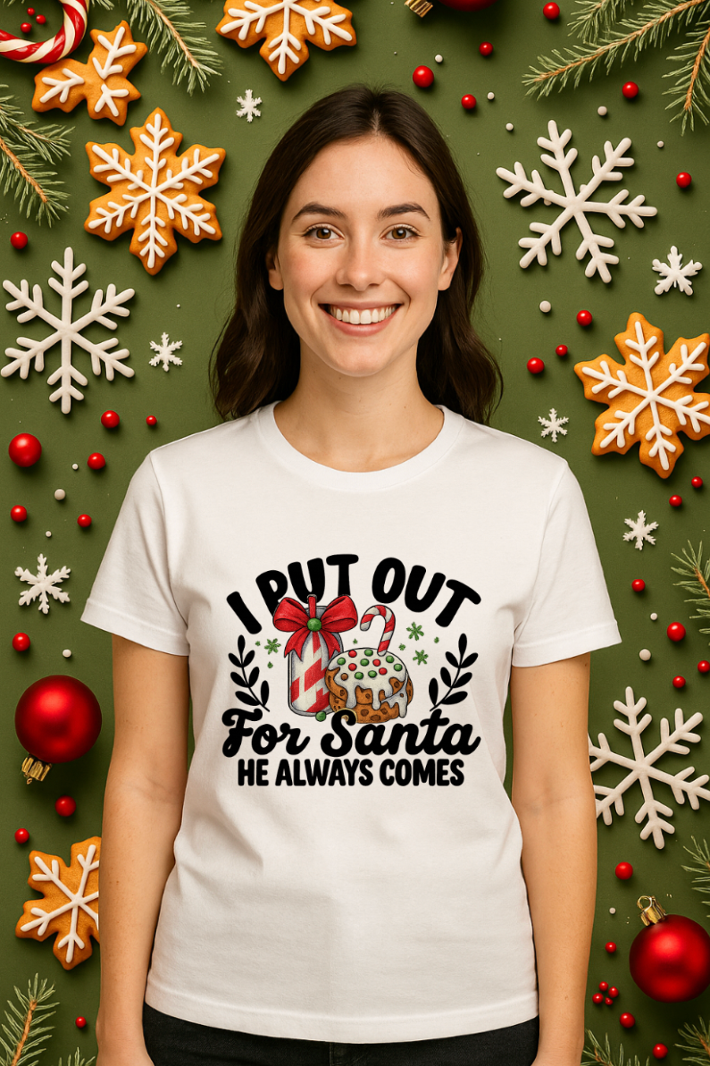 Woman wearing a white Bella + Canvas 3001 unisex t-shirt with “I Put Out for Santa” funny Christmas graphic, adult humor holiday shirt displayed on a festive green Christmas background