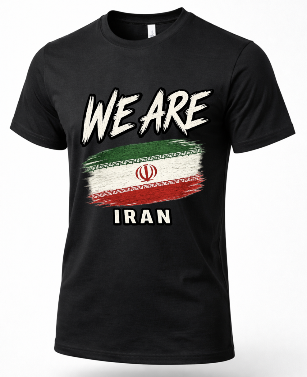 A black short-sleeve crewneck t-shirt featuring a graphic print with the text 'WE ARE' in white above a stylized Iranian flag, and 'IRAN' in white below.