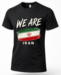 A black short-sleeve crewneck t-shirt featuring a graphic print with the text 'WE ARE' in white above a stylized Iranian flag, and 'IRAN' in white below.