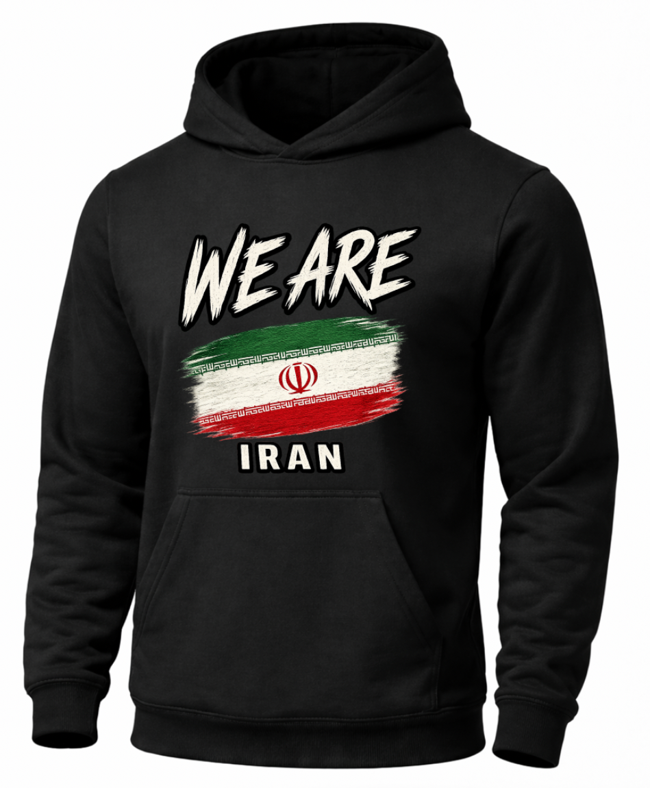 A black pullover hoodie featuring a graphic print on the front with the text 'WE ARE' in white above a stylized Iranian flag, and 'IRAN' in white below.