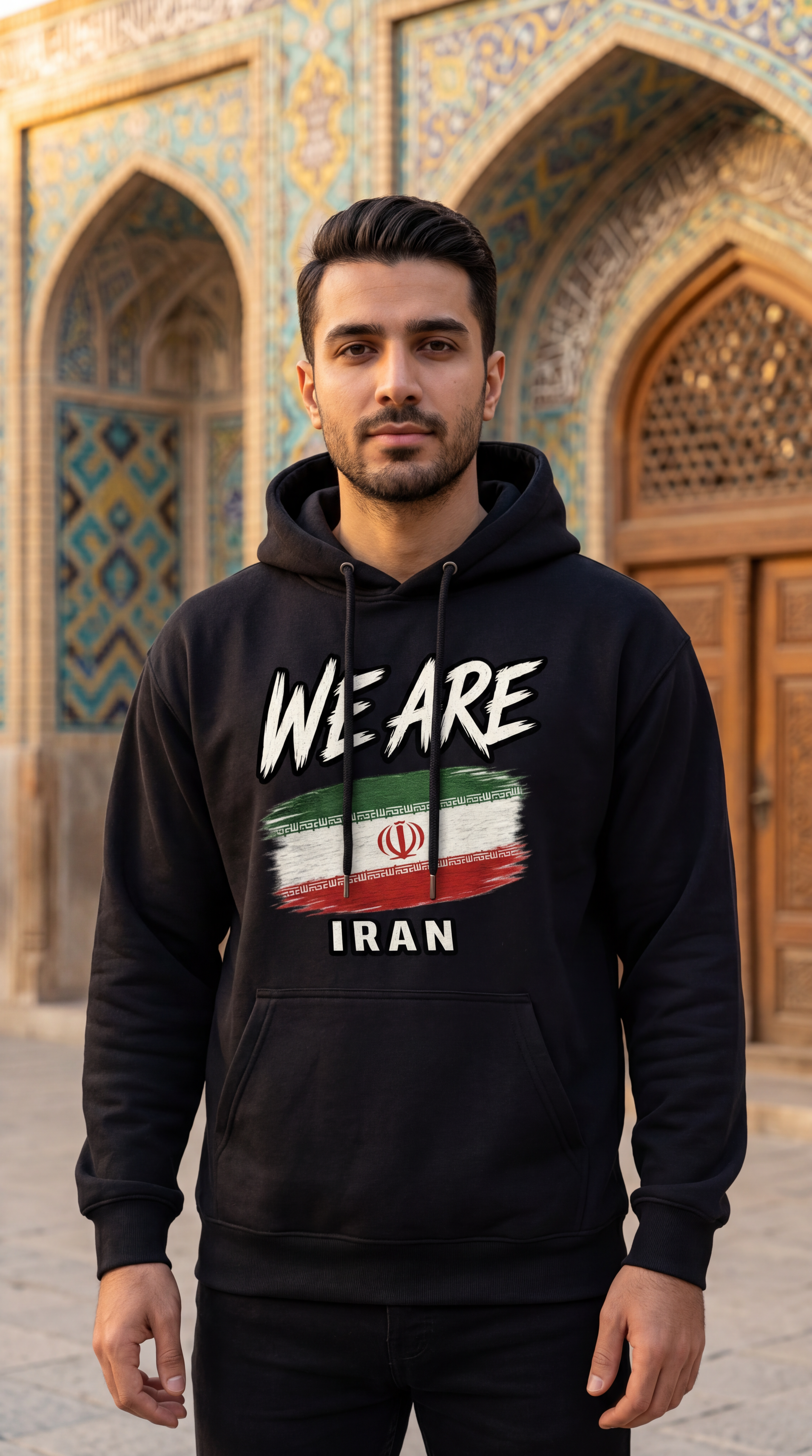 A man wearing a black hoodie with a graphic print that reads 'WE ARE' above an Iranian flag design and 'IRAN' below, standing in front of an ornate architectural background with arches and columns.