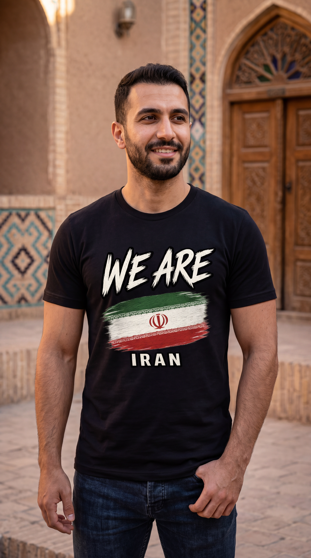Black Iran flag heritage T-shirt with distressed Iranian flag design worn in a Persian cultural setting, celebrating Iranian pride and heritage.