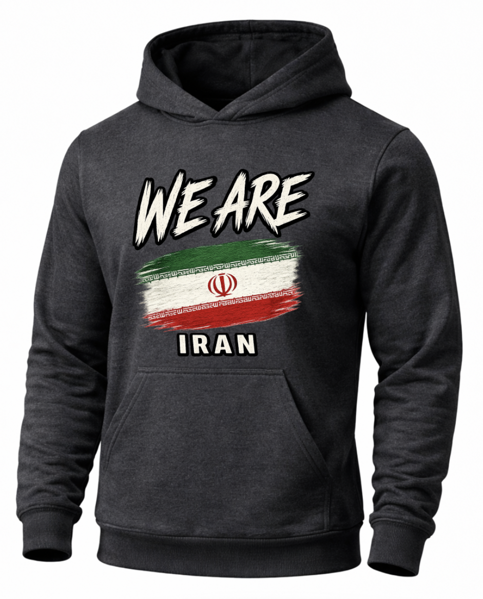A dark gray heather pullover hoodie featuring a distressed graphic print of the Iranian flag with the text 'WE ARE' above and 'IRAN' below, displayed on a clean white background.
